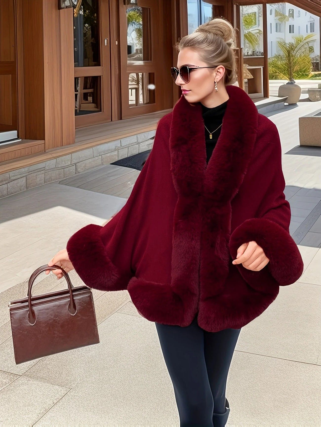 Imitation Mink Collar Knit Shawl: Autumn/Winter Retro Cape, Elegant, Versatile, and Flattering(BLACK)