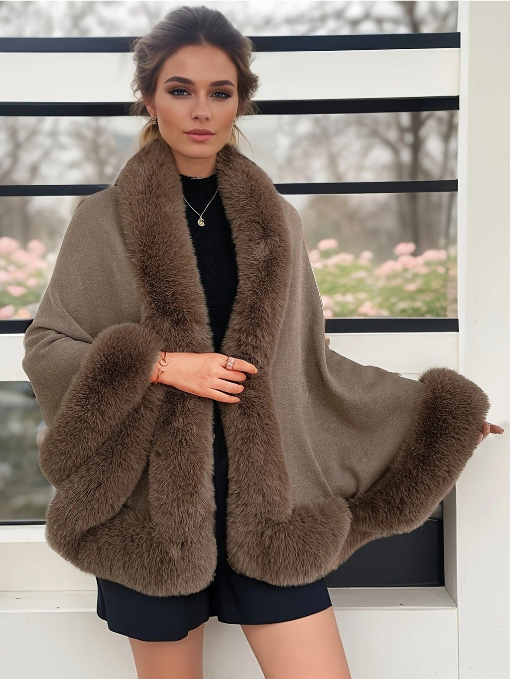 Imitation Mink Collar Knit Shawl: Autumn/Winter Retro Cape, Elegant, Versatile, and Flattering(BLACK)