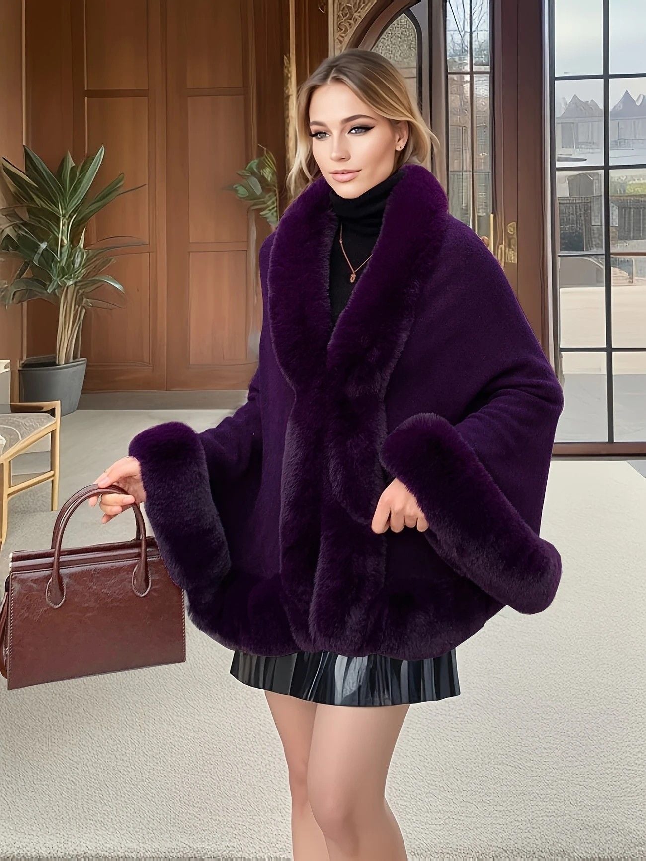 Imitation Mink Collar Knit Shawl: Autumn/Winter Retro Cape, Elegant, Versatile, and Flattering。（claret-red）