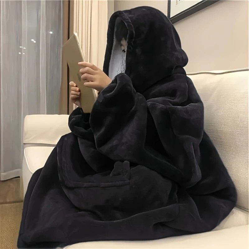Ultra-Soft Fleece Wearable Blanket Hoodie, Unisex Hooded Large-Pocket Lazy Warm Home Wear(BLACK)