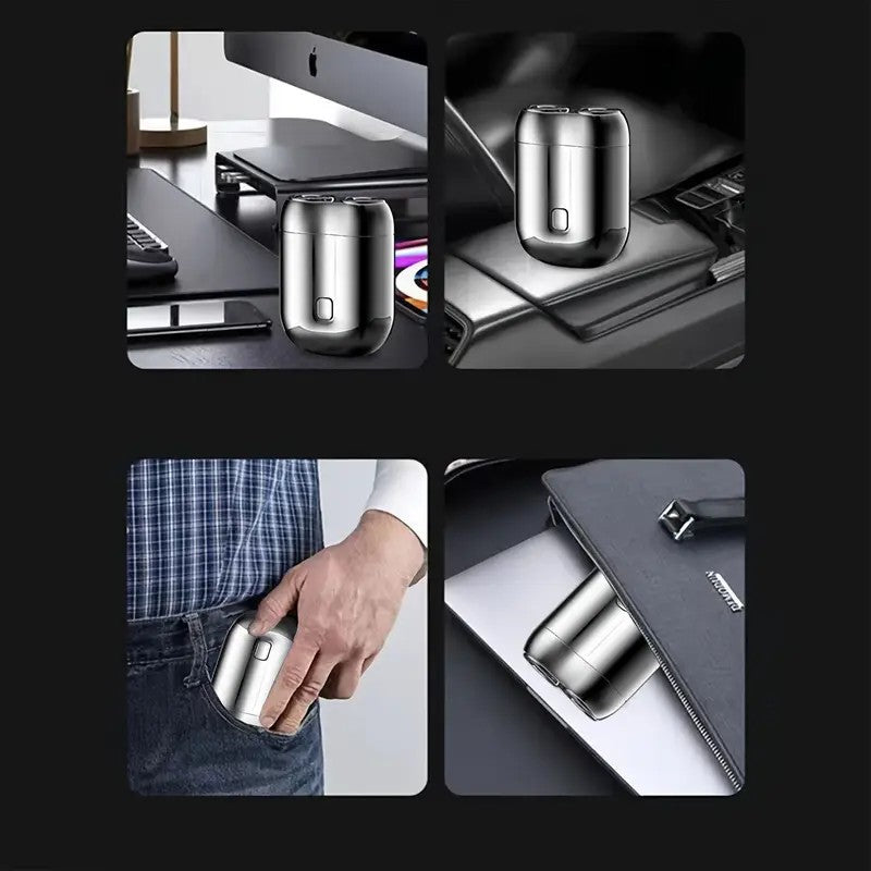 Blue Men's Mini Electric Shaver, with USB-C Fast Charging, detachable dual-head system, portable design ideal for travel and business trips.