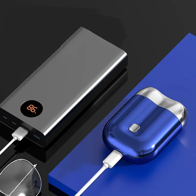 Blue Men's Mini Electric Shaver, with USB-C Fast Charging, detachable dual-head system, portable design ideal for travel and business trips.