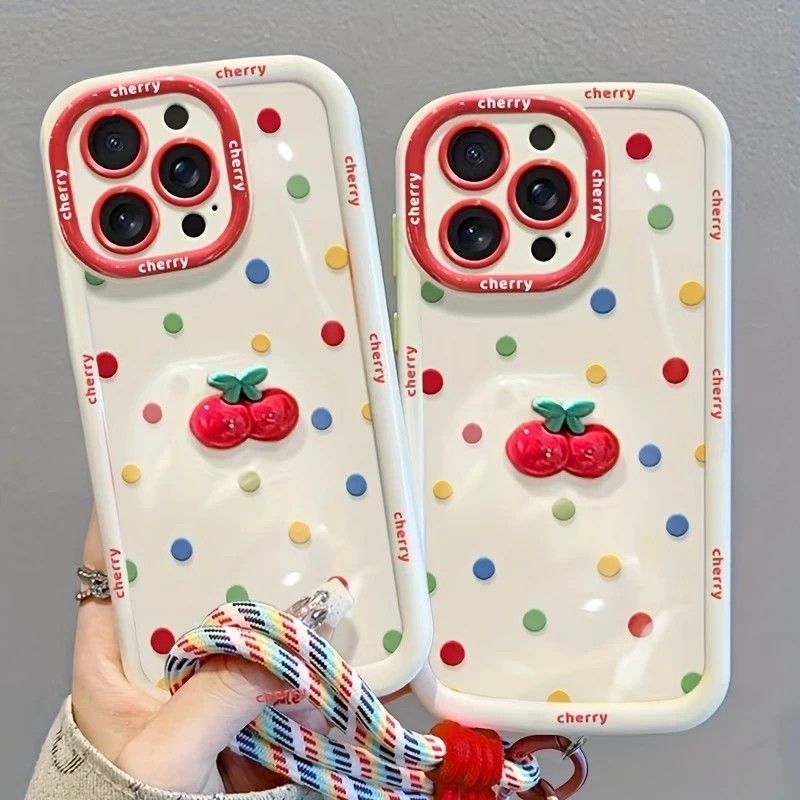 Creamy White Shell Cherry Painting iPhone Case Silicone Drop Protection Full Lens Cover with Lanyard Cute Polka Dot Design(iPhone16pro)