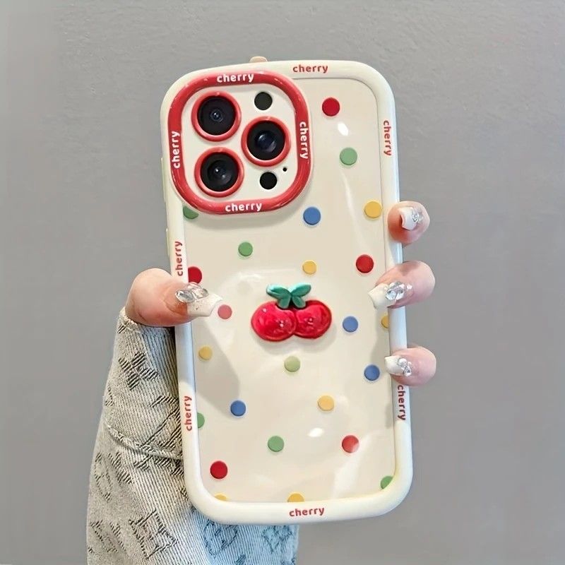 Creamy White Shell Cherry Painting iPhone Case Silicone Drop Protection Full Lens Cover with Lanyard Cute Polka Dot Design(iPhone16plus)