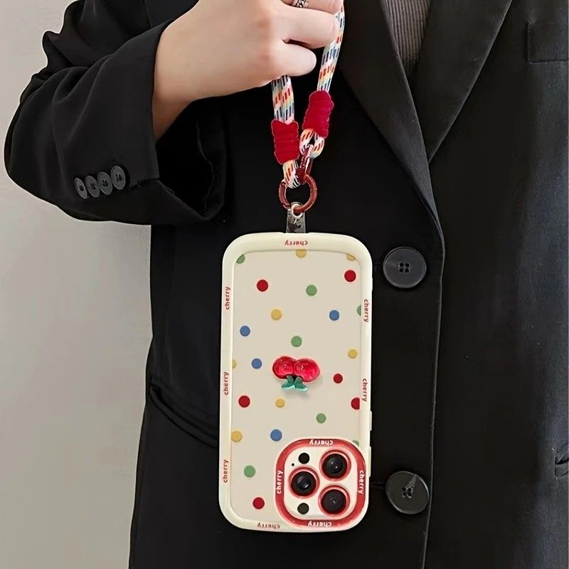 Creamy White Shell Cherry Painting iPhone Case Silicone Drop Protection Full Lens Cover with Lanyard Cute Polka Dot Design(iPhone17 pro)