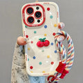 Creamy White Shell Cherry Painting iPhone Case Silicone Drop Protection Full Lens Cover with Lanyard Cute Polka Dot Design(iPhone17 air)