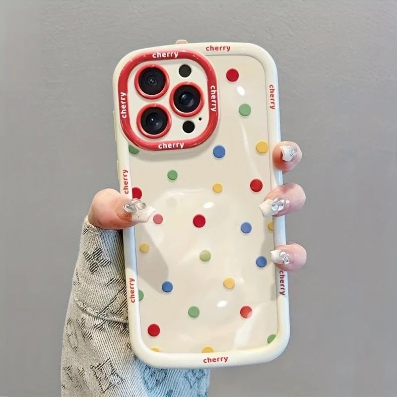 Creamy White Shell Cherry Painting iPhone Case Silicone Drop Protection Full Lens Cover with Lanyard Cute Polka Dot Design(iPhone17 air)