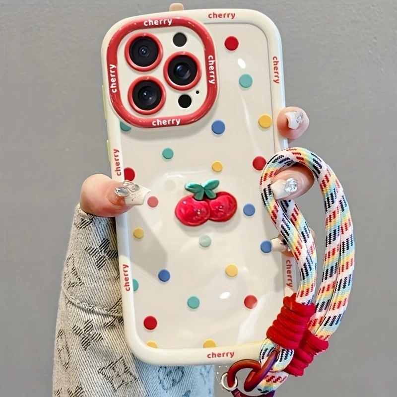 Creamy White Shell Cherry Painting iPhone Case Silicone Drop Protection Full Lens Cover with Lanyard Cute Polka Dot Design(iPhone17 air)