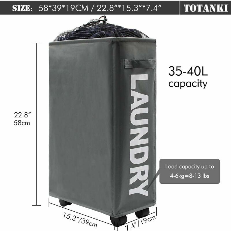 22\" Narrow Rolling Laundry Hamper with Handle and Wheels, Collapsible Laundry Hamper, Foldable Laundry Sorter and Organizer, Large Storage Basket (Gray)