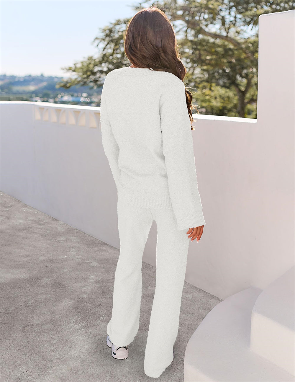Women's 2-Piece Set Fuzzy Fleece Pajamas Set Long Sleeve Loungewear White White L