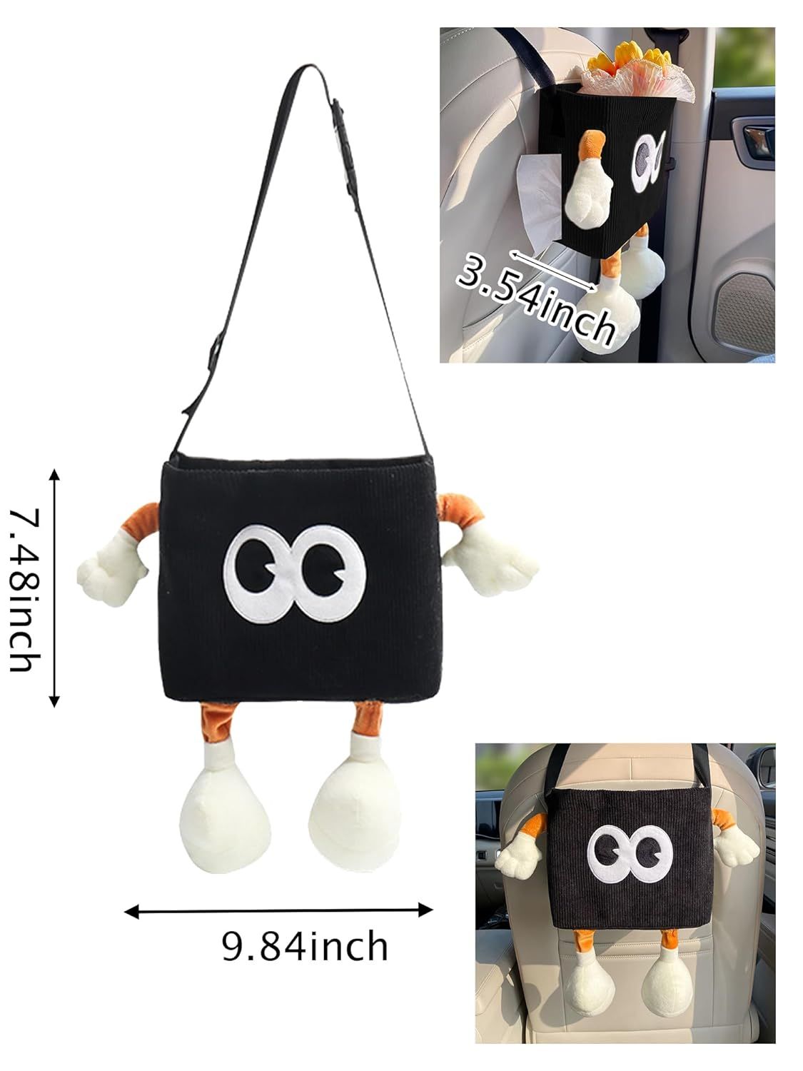 Car Cute 2 in 1 Trash Can with Tissue Holder Box Seat Back Bag Hanging over the Seat Organizer Plush Cartoon Animal Storage Garbage,Black