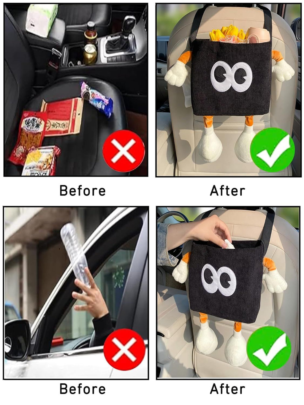 Car Cute 2 in 1 Trash Can with Tissue Holder Box Seat Back Bag Hanging over the Seat Organizer Plush Cartoon Animal Storage Garbage,Black