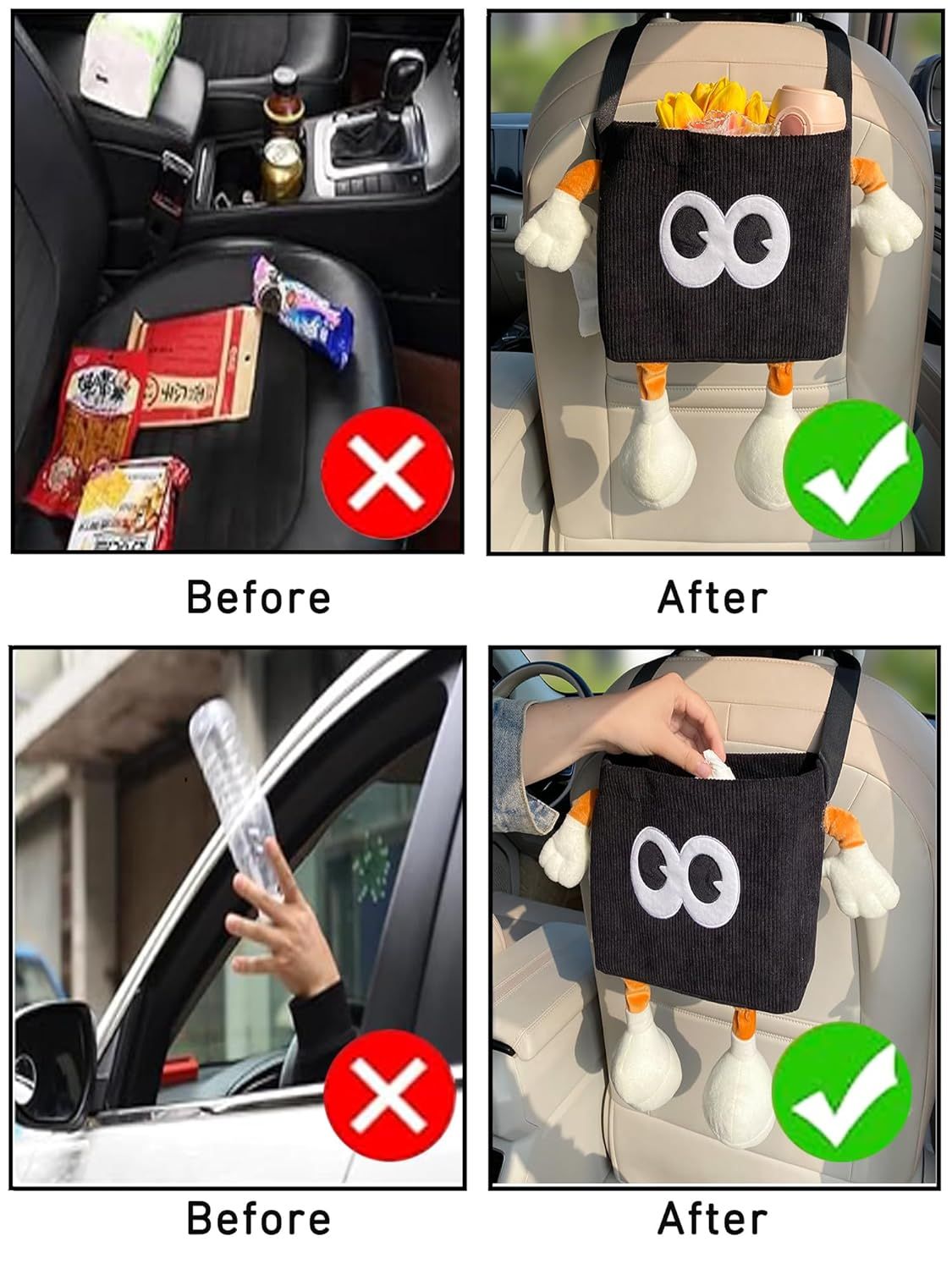 Car Cute 2 in 1 Trash Can with Tissue Holder Box Seat Back Bag Hanging over the Seat Organizer Plush Cartoon Animal Storage Garbage,Black