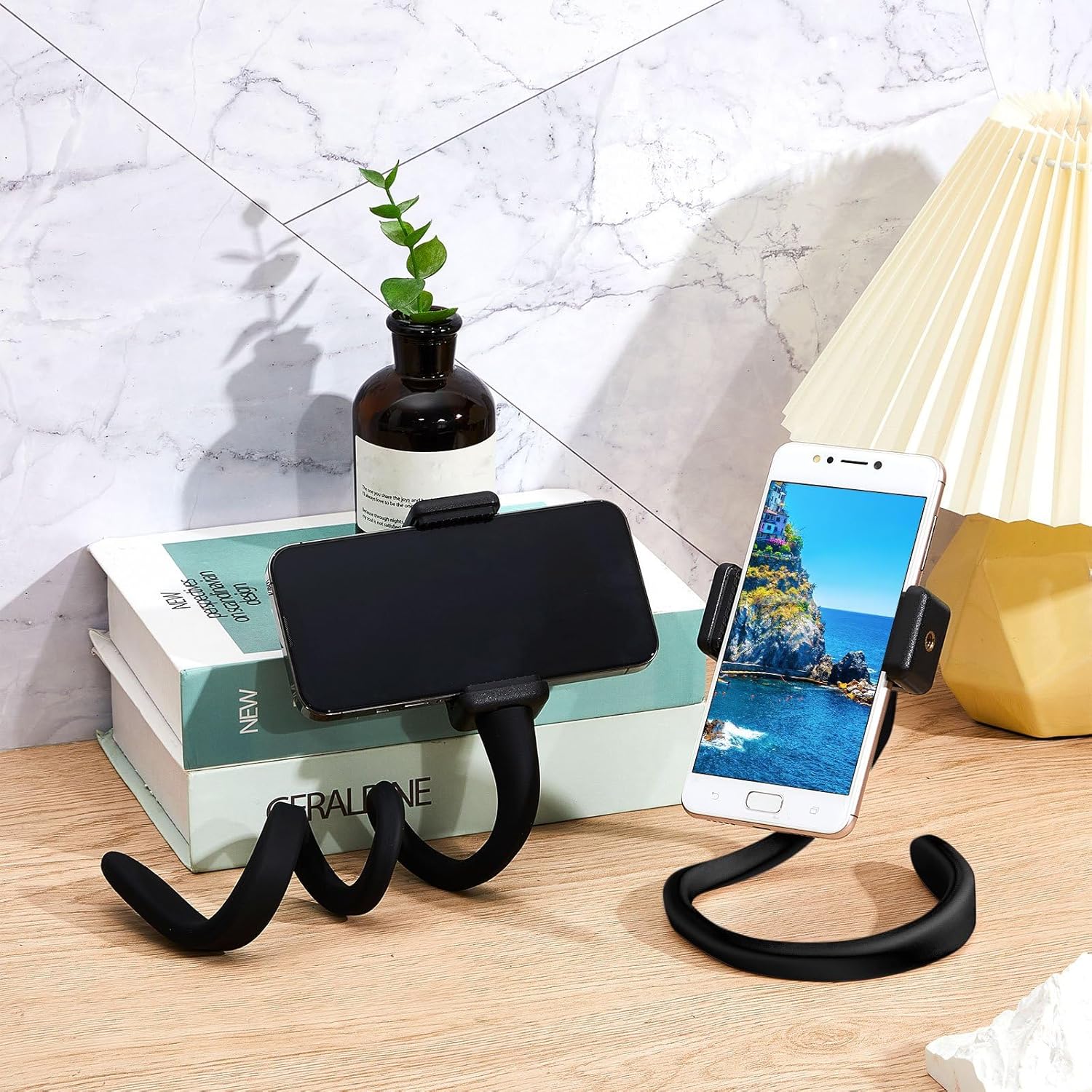 Amylove 2 Pcs Stroller Phone Holder Portable Cell Phone Holder Stand Universal Stroller Accessories for Parent Baby Toddler Cellphone Clamp with Non Slip Silicone Arm Grip(Black,Novel)
