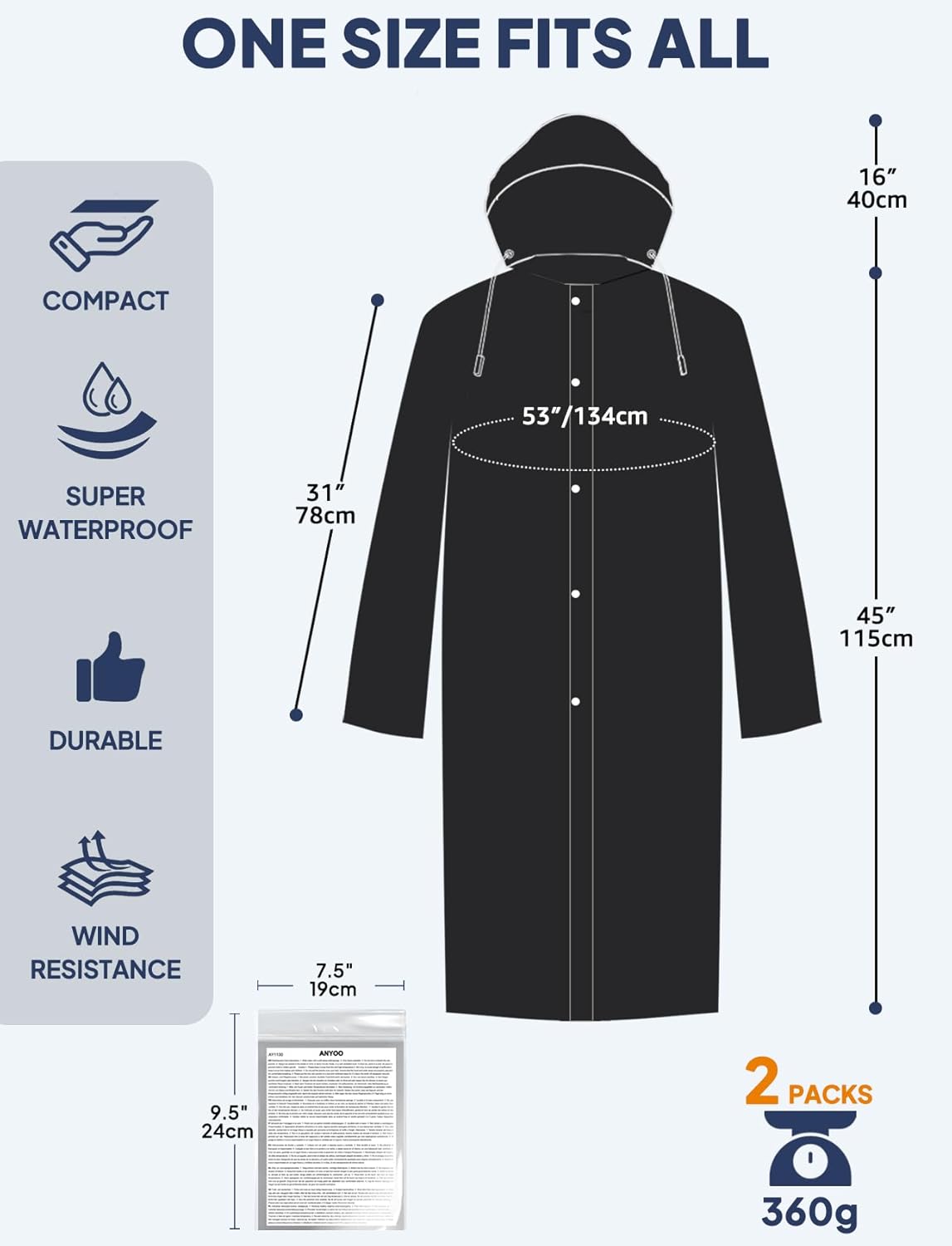 Rain Ponchos for Adults Lightweight Reusable Raincoats for Men Women Emergency Rain Jacket with Hood 2 Pack