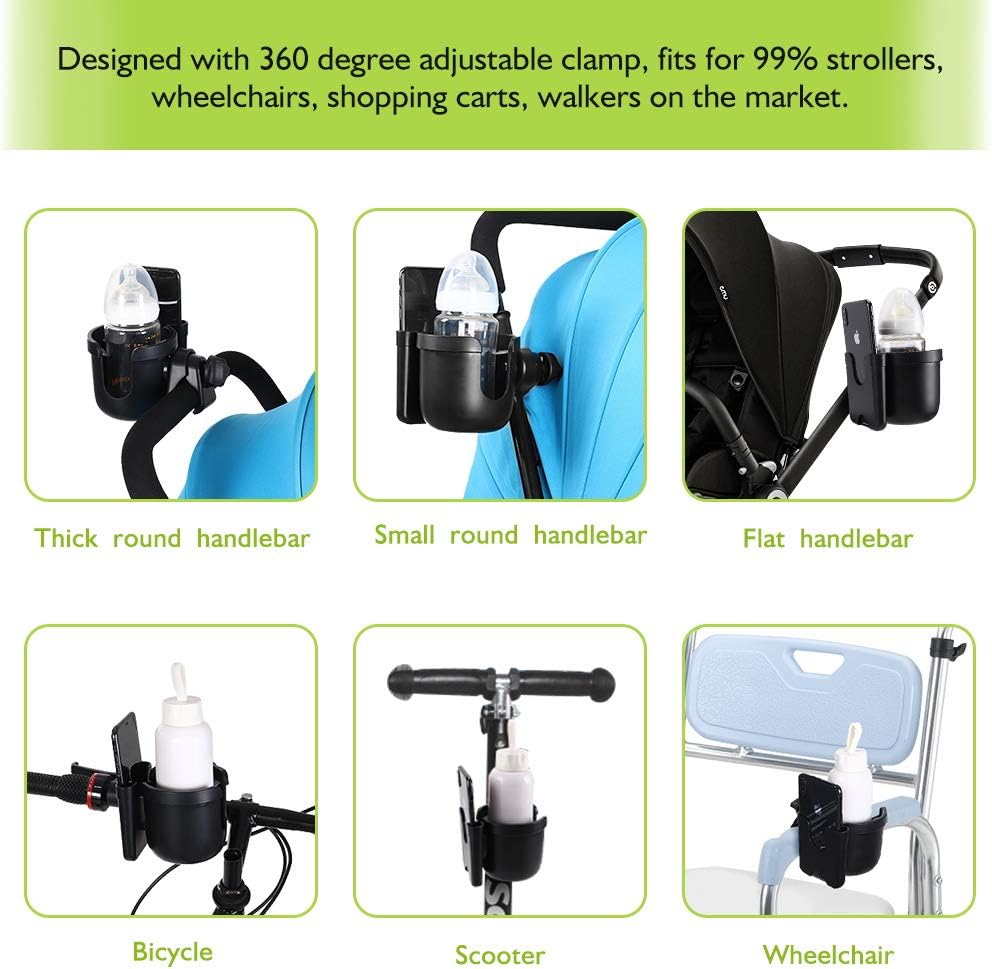 Stroller Cup Holder with Phone Holder, Bike Cup Holder, Universal Cup Holder for Uppababy Nuna Doona Strollers, 2-in-1 Cup Phone Holder for Stroller, Bike, Wheelchair, Walker, Scooter