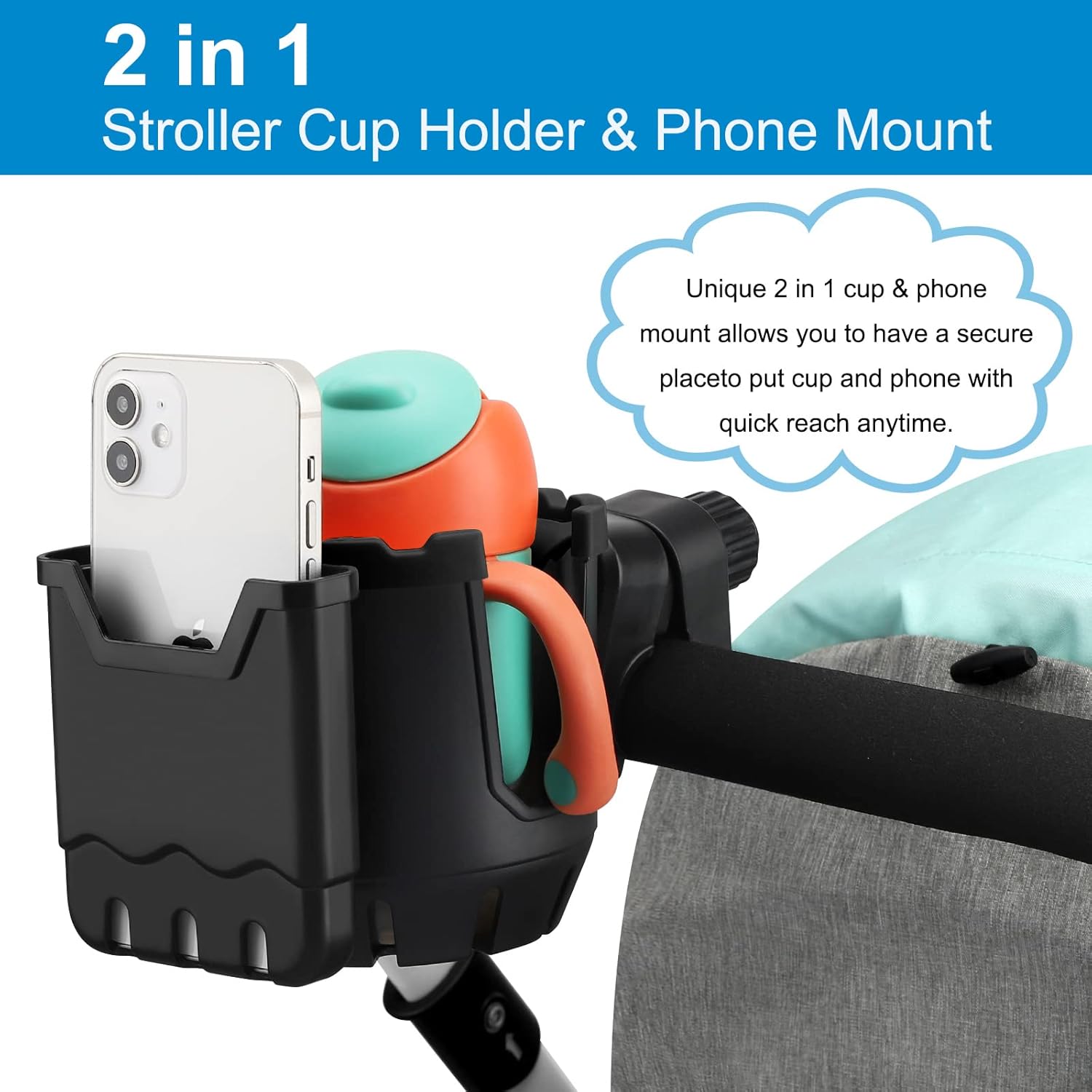 Stroller Cup Holder with Phone Holder, Universal Cup Holder, 2-in-1 Cup Phone Holder for Stroller, Bike, Walker, Wheelchair