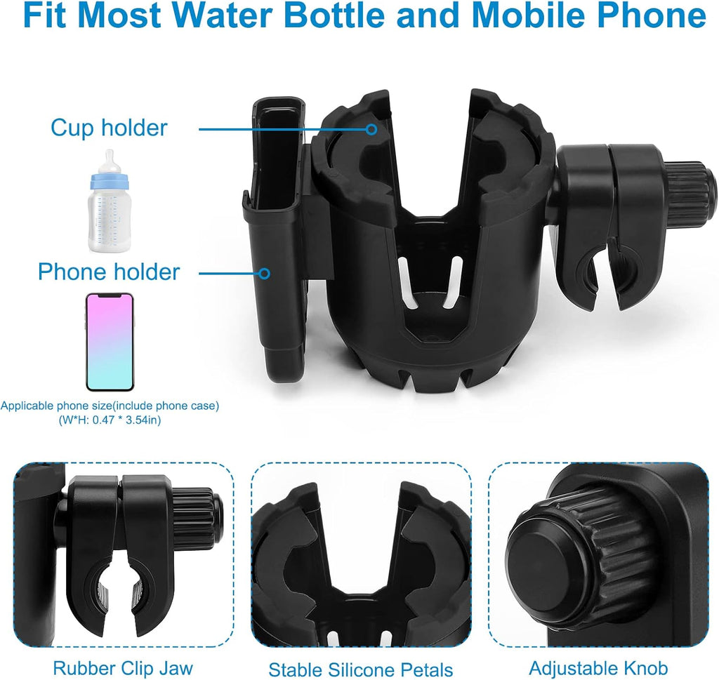 Stroller Cup Holder with Phone Holder, Universal Cup Holder, 2-in-1 Cup Phone Holder for Stroller, Bike, Walker, Wheelchair