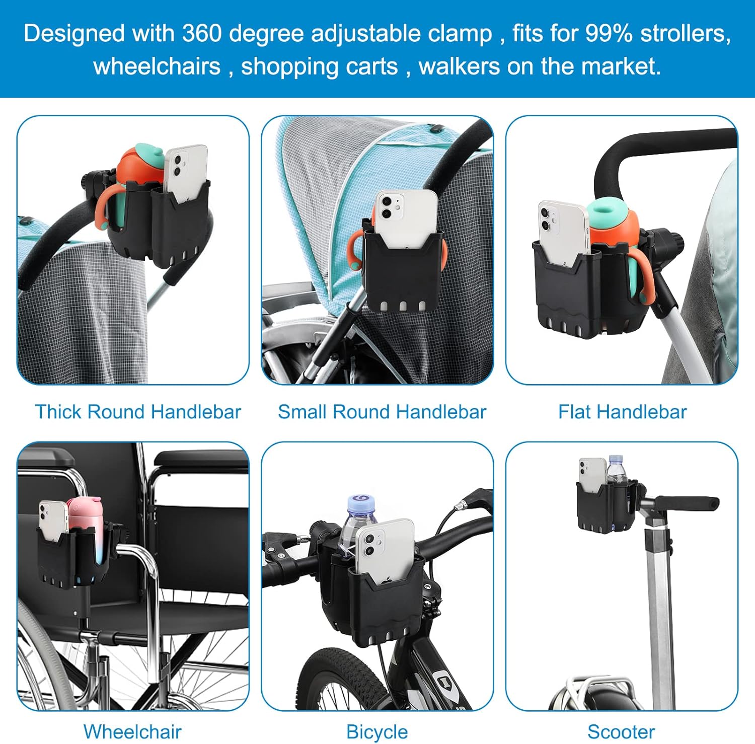 Stroller Cup Holder with Phone Holder, Universal Cup Holder, 2-in-1 Cup Phone Holder for Stroller, Bike, Walker, Wheelchair