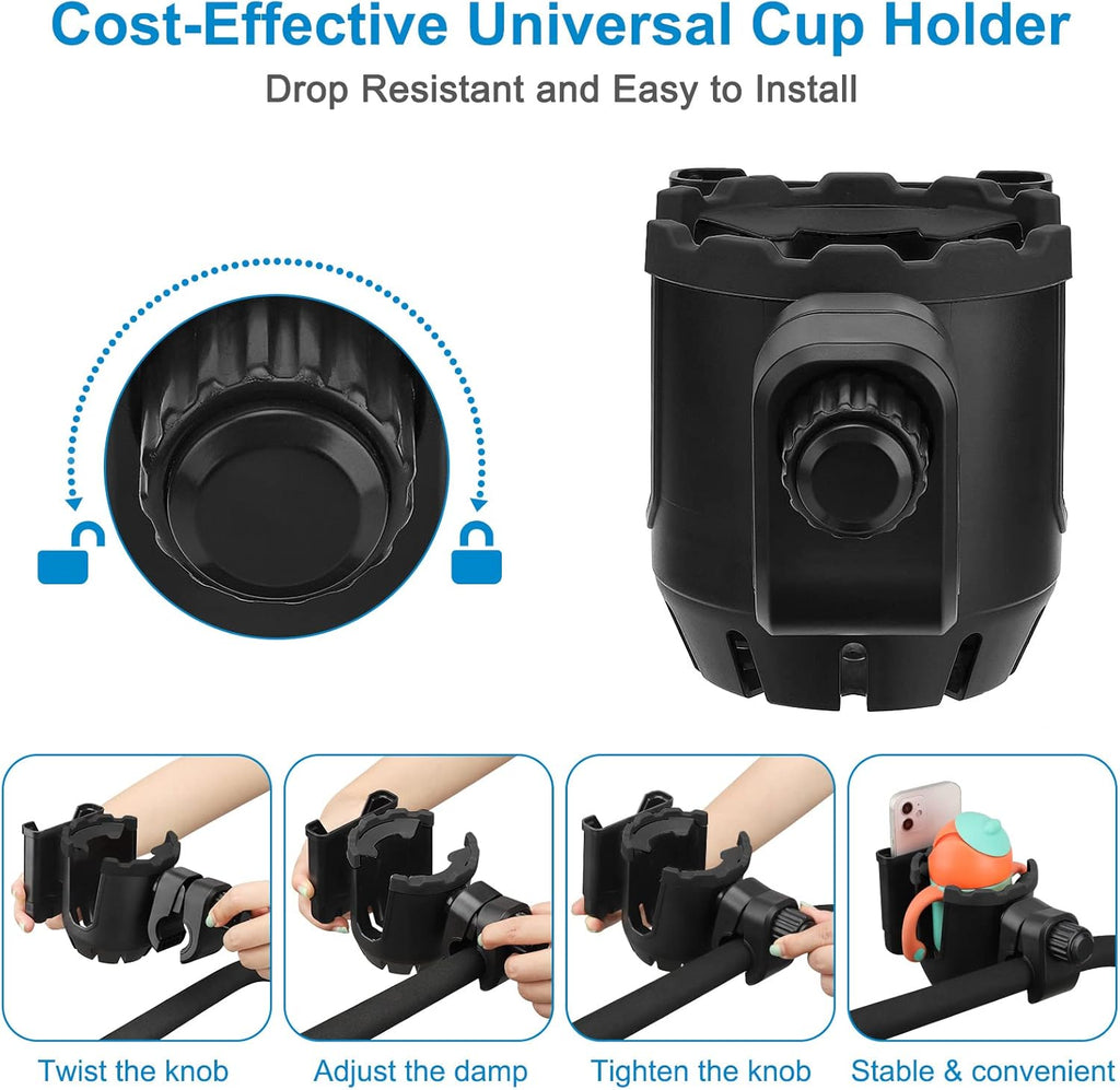 Stroller Cup Holder with Phone Holder, Universal Cup Holder, 2-in-1 Cup Phone Holder for Stroller, Bike, Walker, Wheelchair