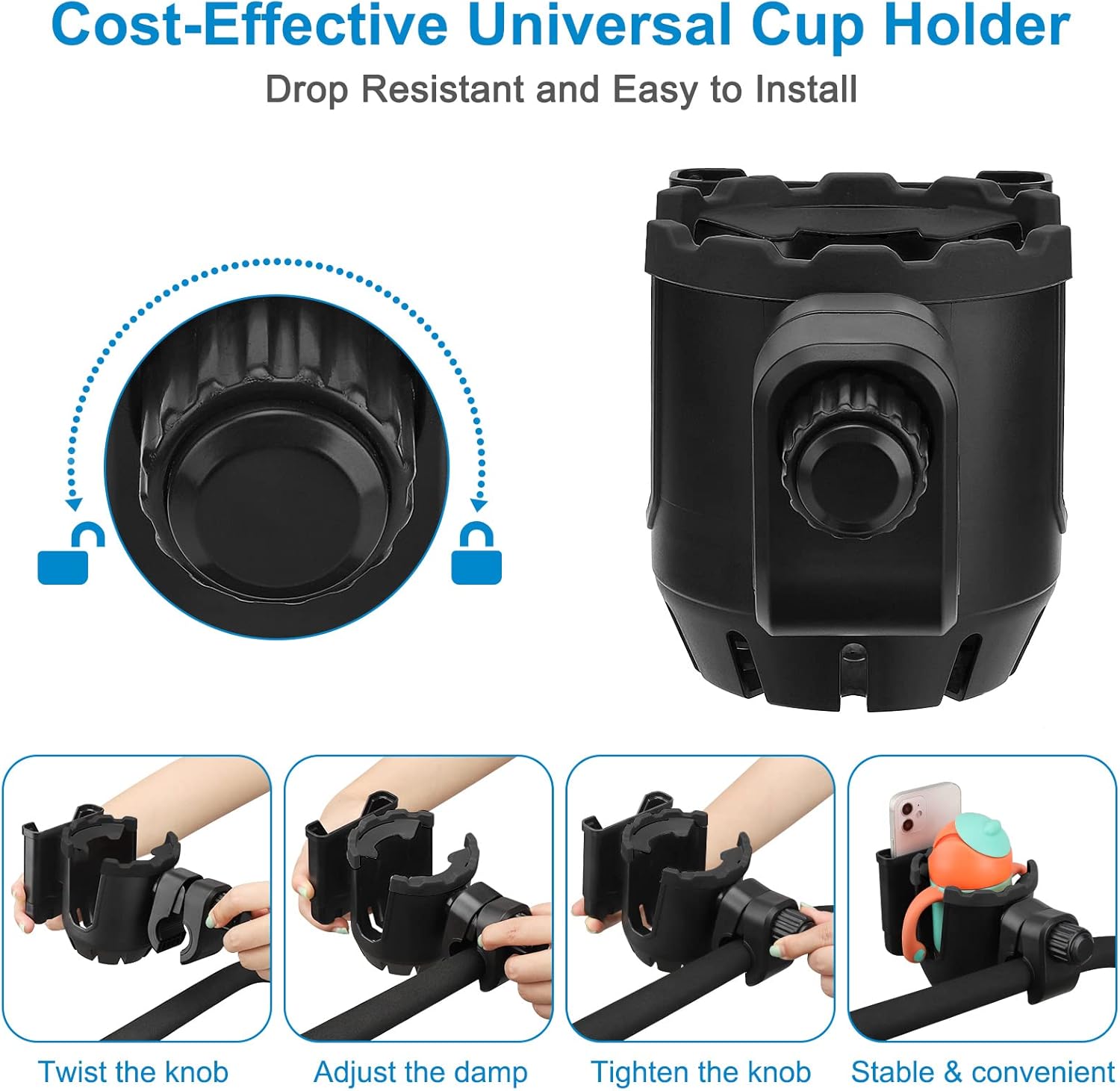 Stroller Cup Holder with Phone Holder, Universal Cup Holder, 2-in-1 Cup Phone Holder for Stroller, Bike, Walker, Wheelchair