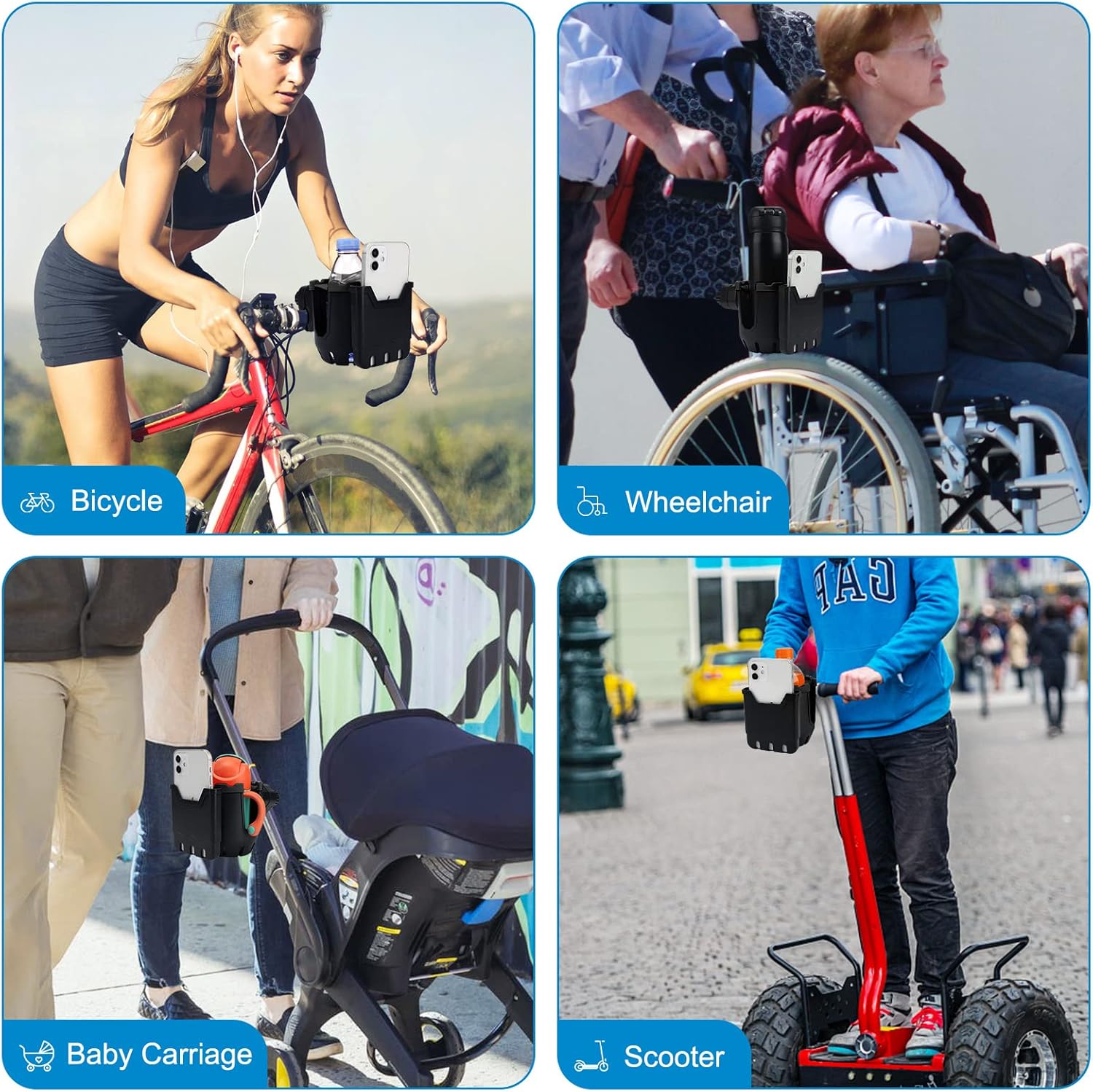 Stroller Cup Holder with Phone Holder, Universal Cup Holder, 2-in-1 Cup Phone Holder for Stroller, Bike, Walker, Wheelchair