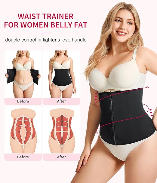 Women's Black Waist Trainer with Zipper Shapewear Tummy Control Body Shaper Sport Slimming Belt