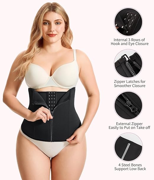 Women's Black Waist Trainer with Zipper Shapewear Tummy Control Body Shaper Sport Slimming Belt