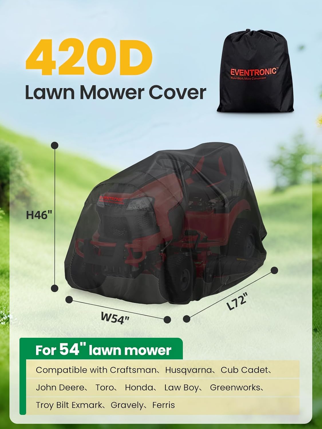 Riding Lawn Mower Cover,  54“ Riding Lawn Tractor Cover Waterproof Heavy Duty Durable (420D-polyester oxford)