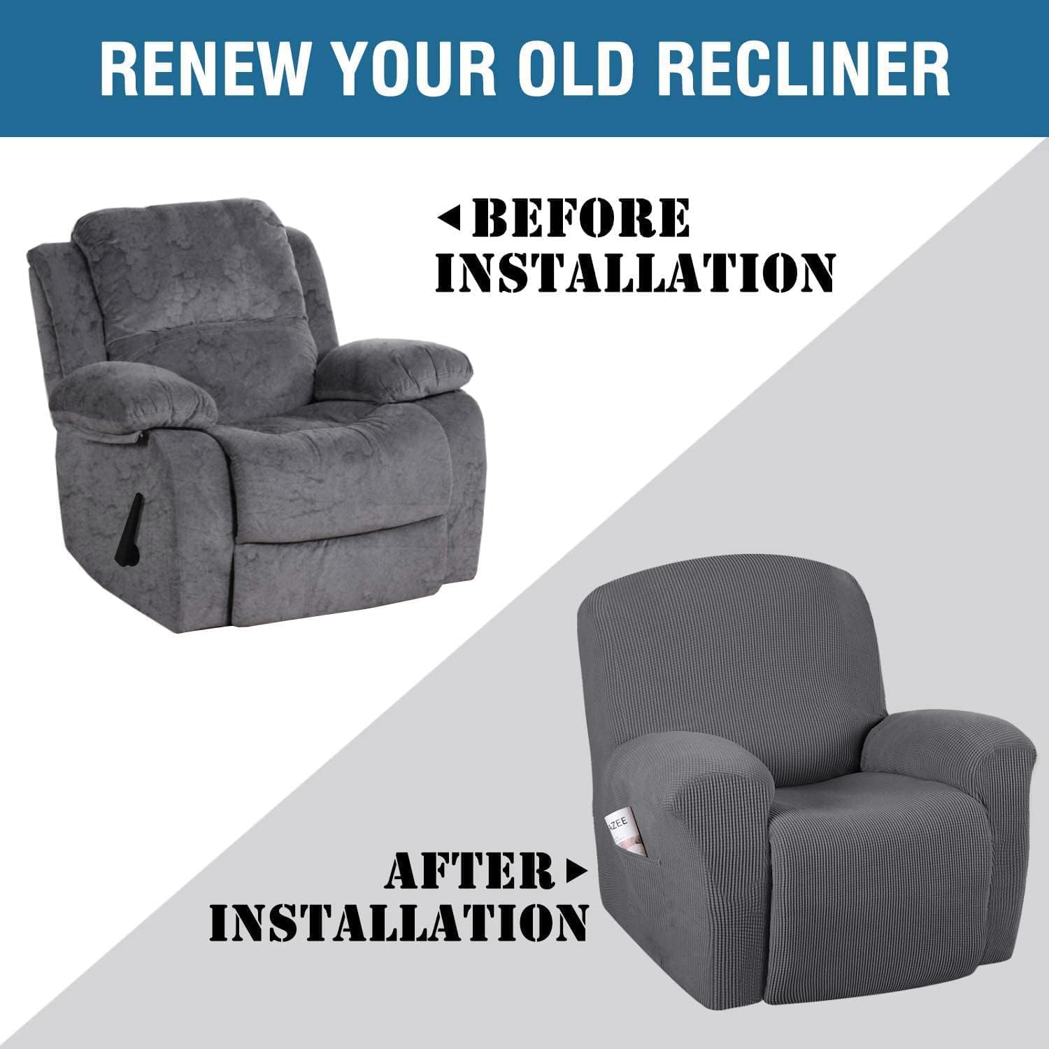 Super Stretch Recliner Couch Covers Chair Cover Form Fitted Non Slip Reclining Slipcovers for Standard Large Recliner, Soft Thick (1 Pack, Grey)