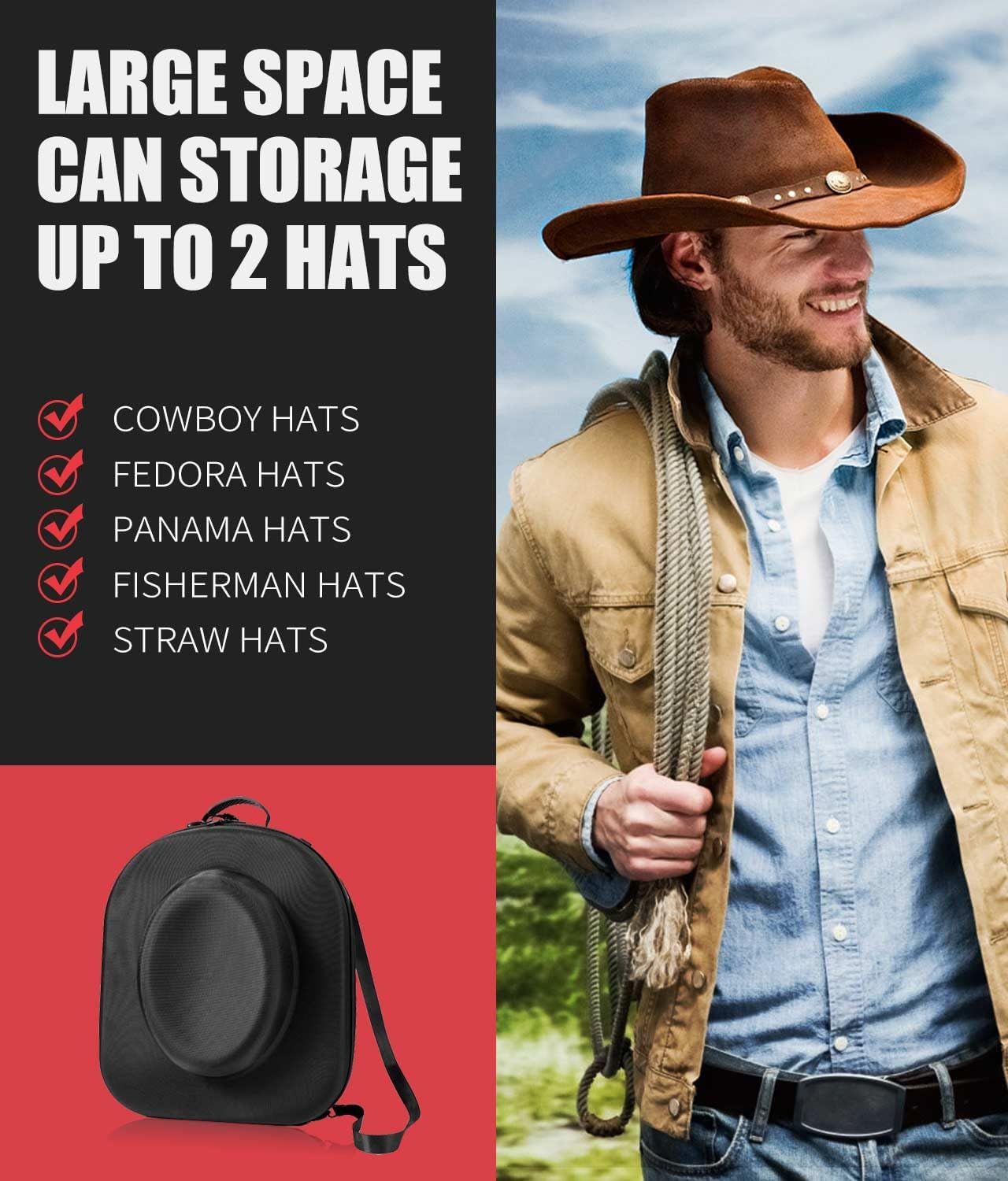 Hat Box for Travel - Crush Proof Cowboy Hat Holder Storage, Hard Travel Hat Carrier Case for Cowboy, Panama & Tweed Hats - Carrying Handle, Luggage Straps & Shoulder - Large