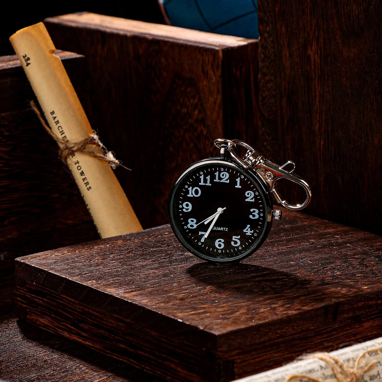 2 Pieces Quartz Pocket Watch with Key Buckle Round Keychain Clip on Watch Portable Unisex