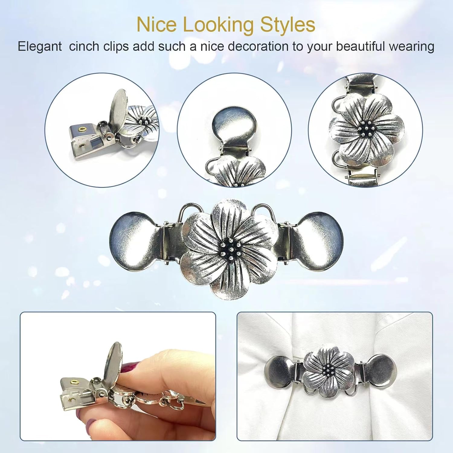 6PCS Retro Sweater Clips for Cardigans, Vintage Cinch Clip for Dresses, Variety of Styles Dress Clip Back of Shirts Cinches Shawl Clips for Different Women Clothing, 3 Sizes, Small, Metal, no