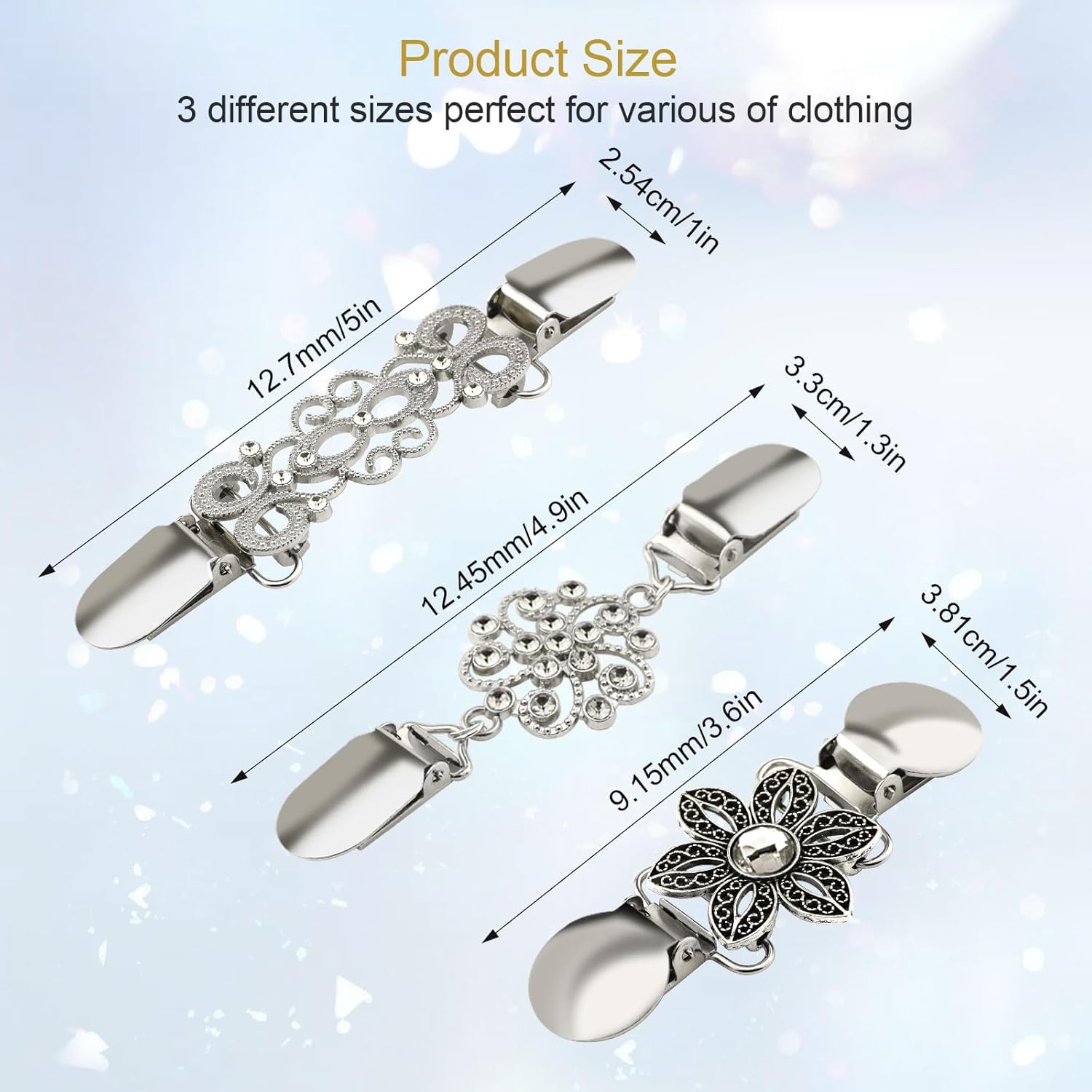 6PCS Retro Sweater Clips for Cardigans, Vintage Cinch Clip for Dresses, Variety of Styles Dress Clip Back of Shirts Cinches Shawl Clips for Different Women Clothing, 3 Sizes, Small, Metal, no