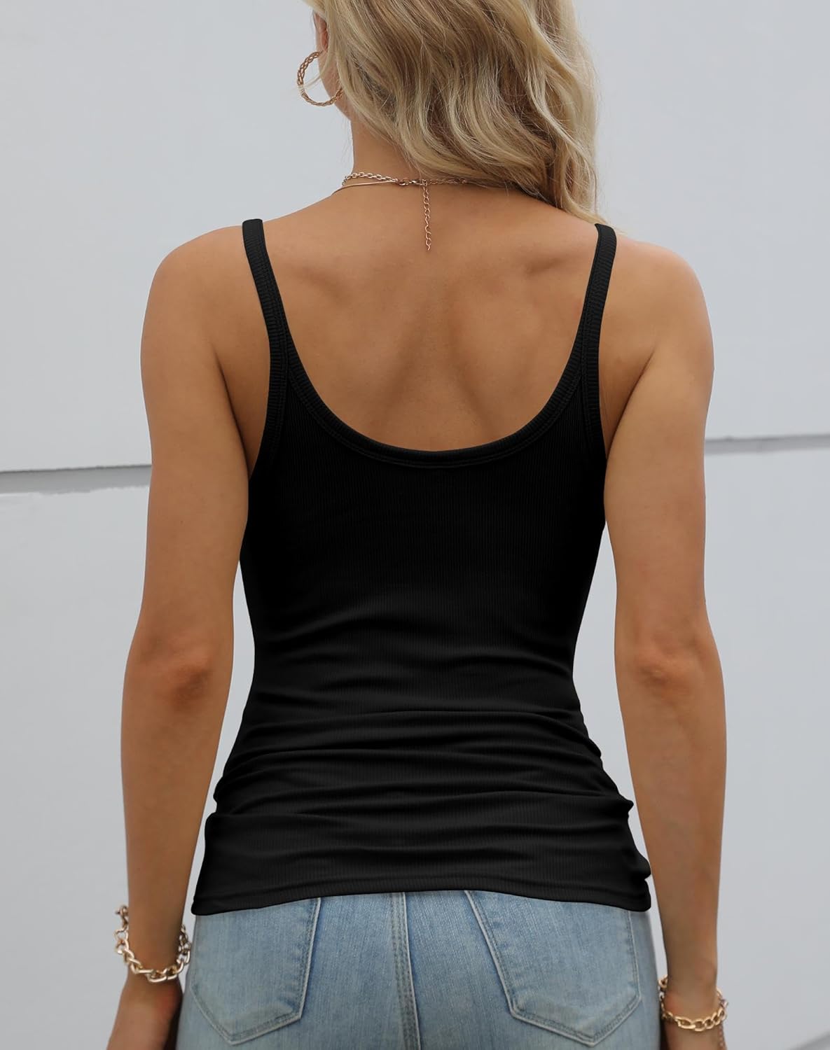 Women Spaghetti Strap Scoop Neck Ribbed Tank Tops Slim Fitted Cotton Camisole Basic Sleeveless Layering Shirts
