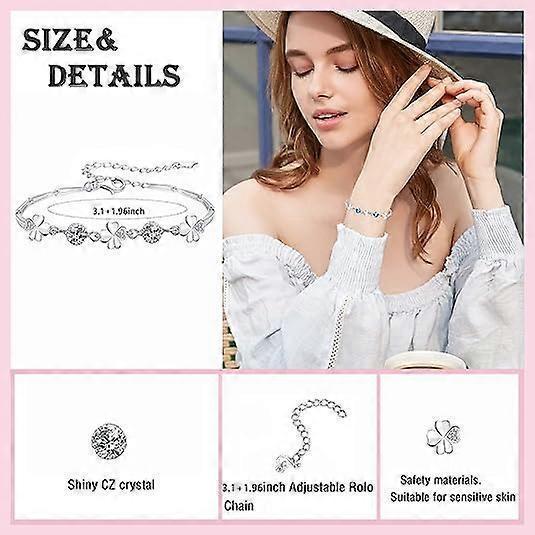 Silver Bracelet for Women,Four-Leaf Clover Bracelet Shiny Crystal Diamond Adjustable Bracelet Mother's Day Jewelry Gift Birthday Christmas Gifts for Women