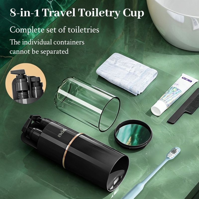 8-in-1 Portable Travel Toiletry Organizer Cup, Travel-Sized Toiletry Set for Business Trips and Vacations, Multifunctional All-in-One Travel Essential - Black