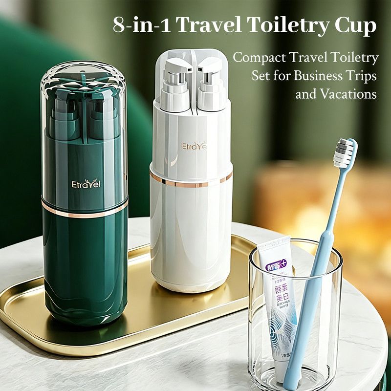 8-in-1 Portable Travel Toiletry Organizer Cup, Travel-Sized Toiletry Set for Business Trips and Vacations, Multifunctional All-in-One Travel Essentials - Green