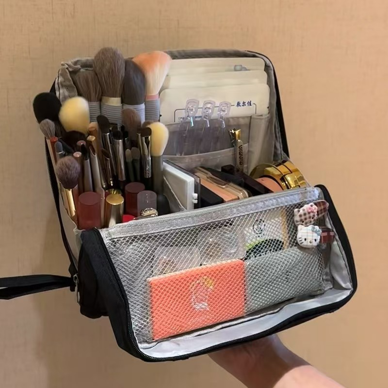 Portable Multi-Functional Toiletry Bag, Stand-Up Large-Capacity Storage Bag for Makeup Brushes, Cosmetics, and Toiletries, Jinbu Multi-Compartment Storage Bag - Yellow