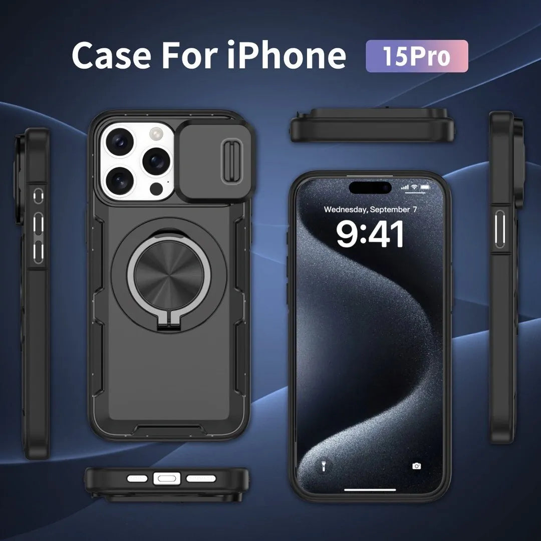 Red Warrior 2-in-1 Magnetic Sliding Lens Case black for iPhone 15 Pro