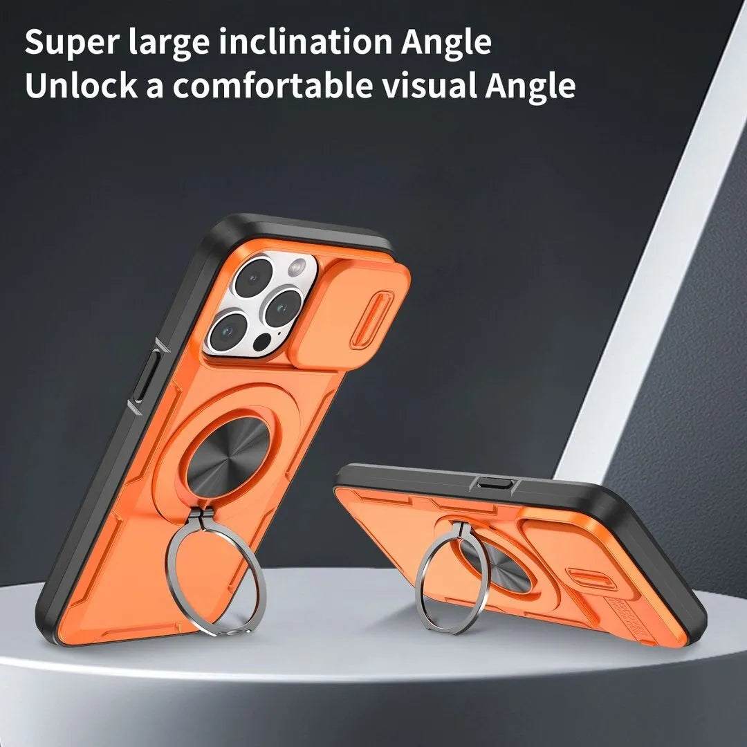 Red Warrior 2-in-1 Magnetic Sliding Lens Case orange for iPhone 15 Pro Max