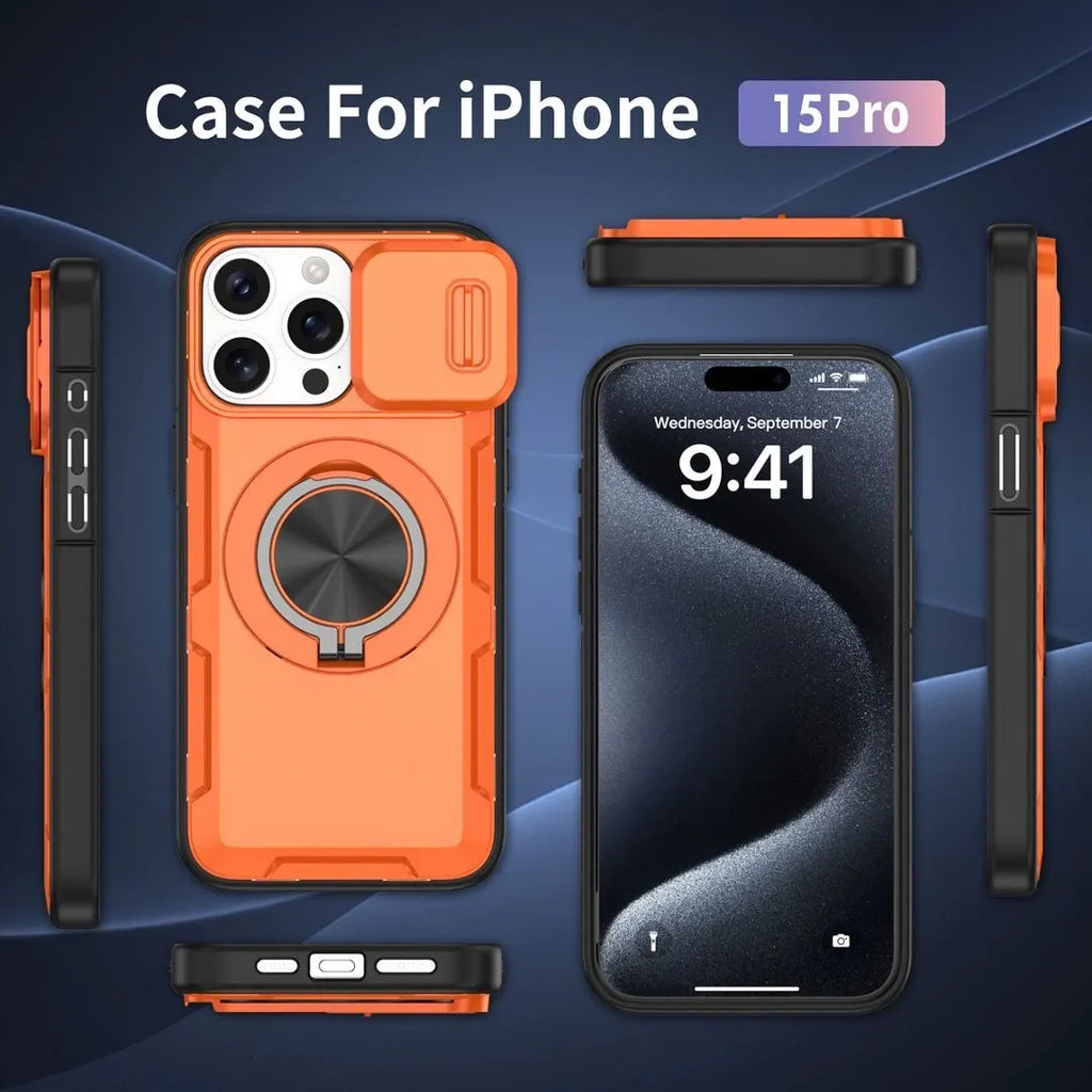 Red Warrior 2-in-1 Magnetic Sliding Lens Case orange for iPhone 15 Pro