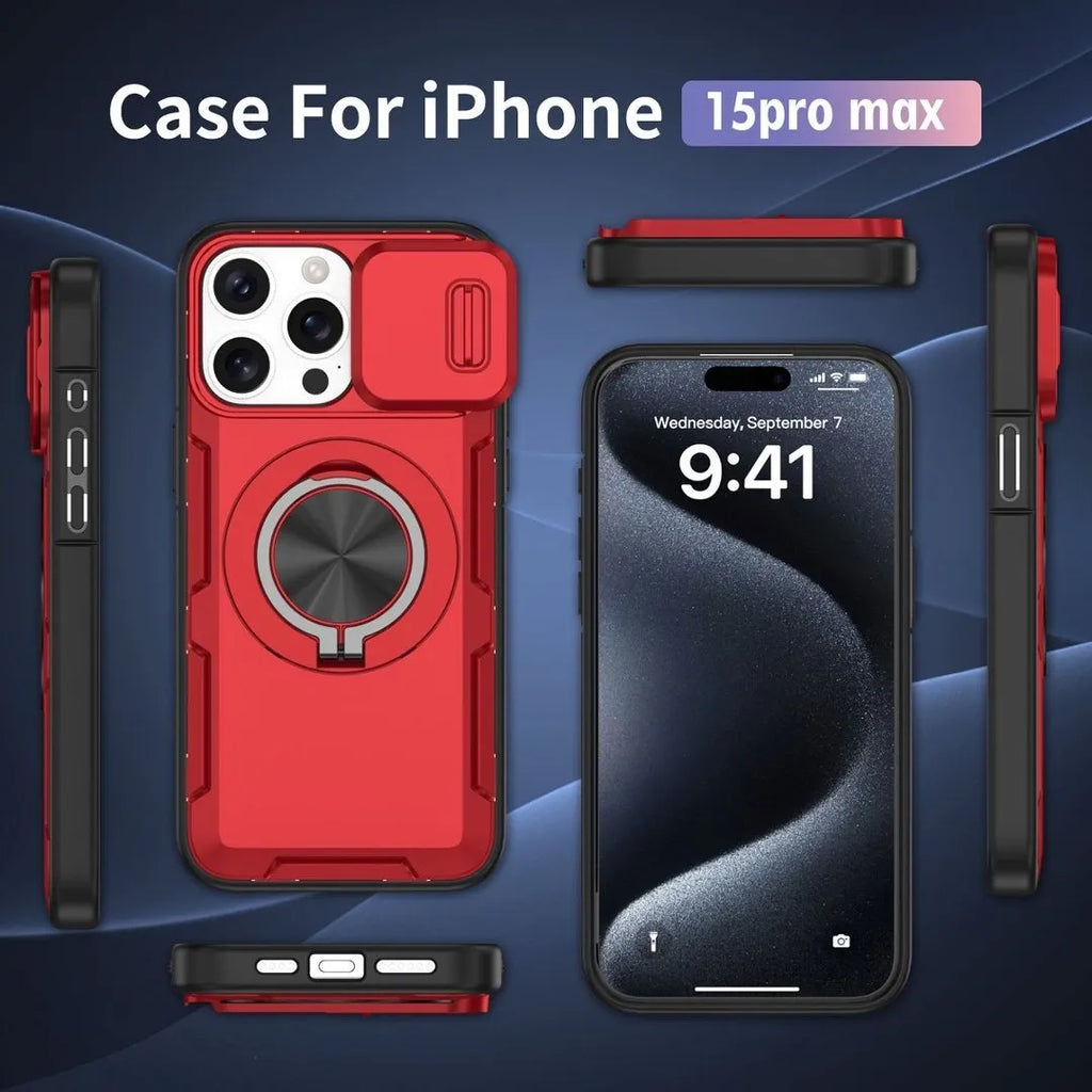 Red Warrior 2-in-1 Magnetic Sliding Lens Case Red for iPhone 15 Pro Max