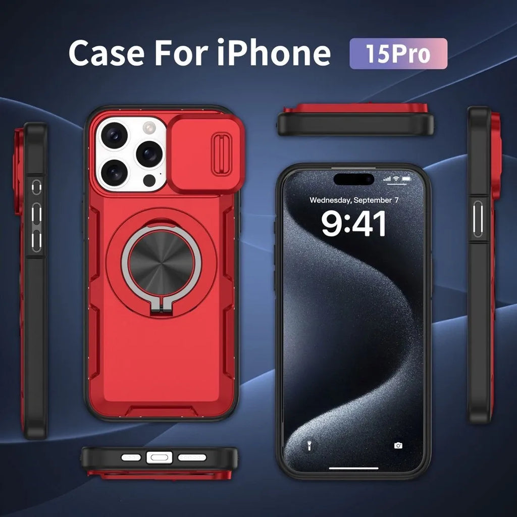 Red Warrior 2-in-1 Magnetic Sliding Lens Case Red for iPhone 15 Pro