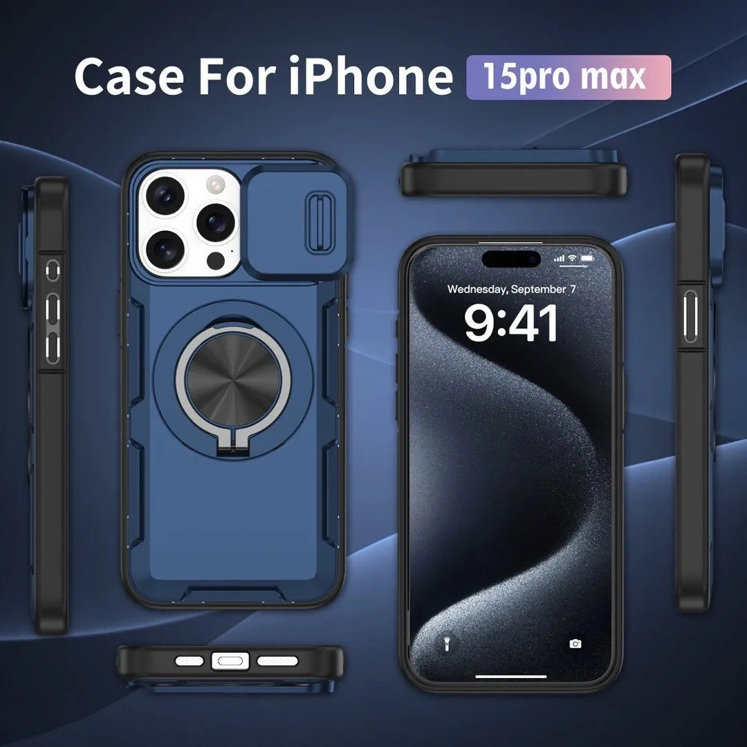 Red Warrior 2-in-1 Magnetic Sliding Lens Case blue for iPhone 15 Pro Max