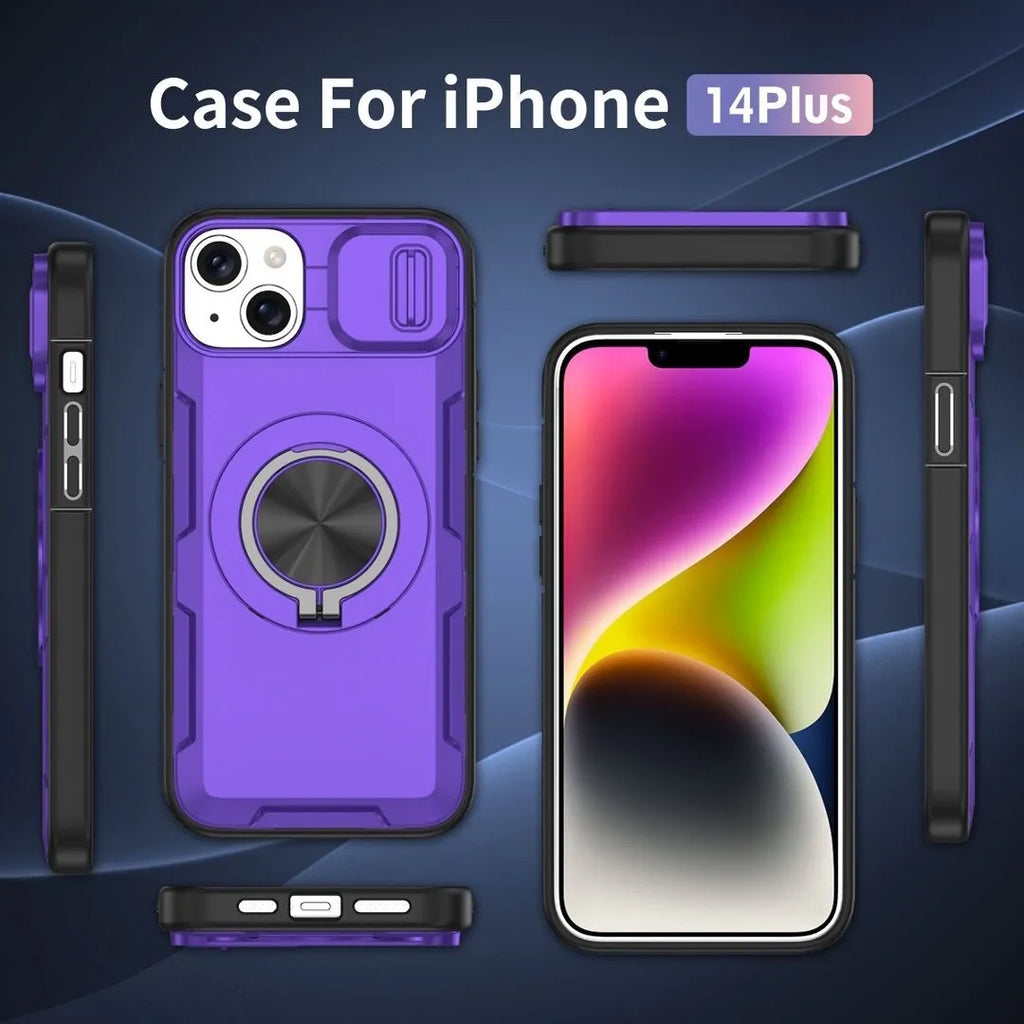 Red Warrior 2-in-1 Magnetic Sliding Lens Case Purple for iPhone 14