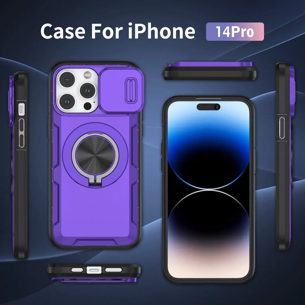 Red Warrior 2-in-1 Magnetic Sliding Lens Case Purple for iPhone 14 Pro