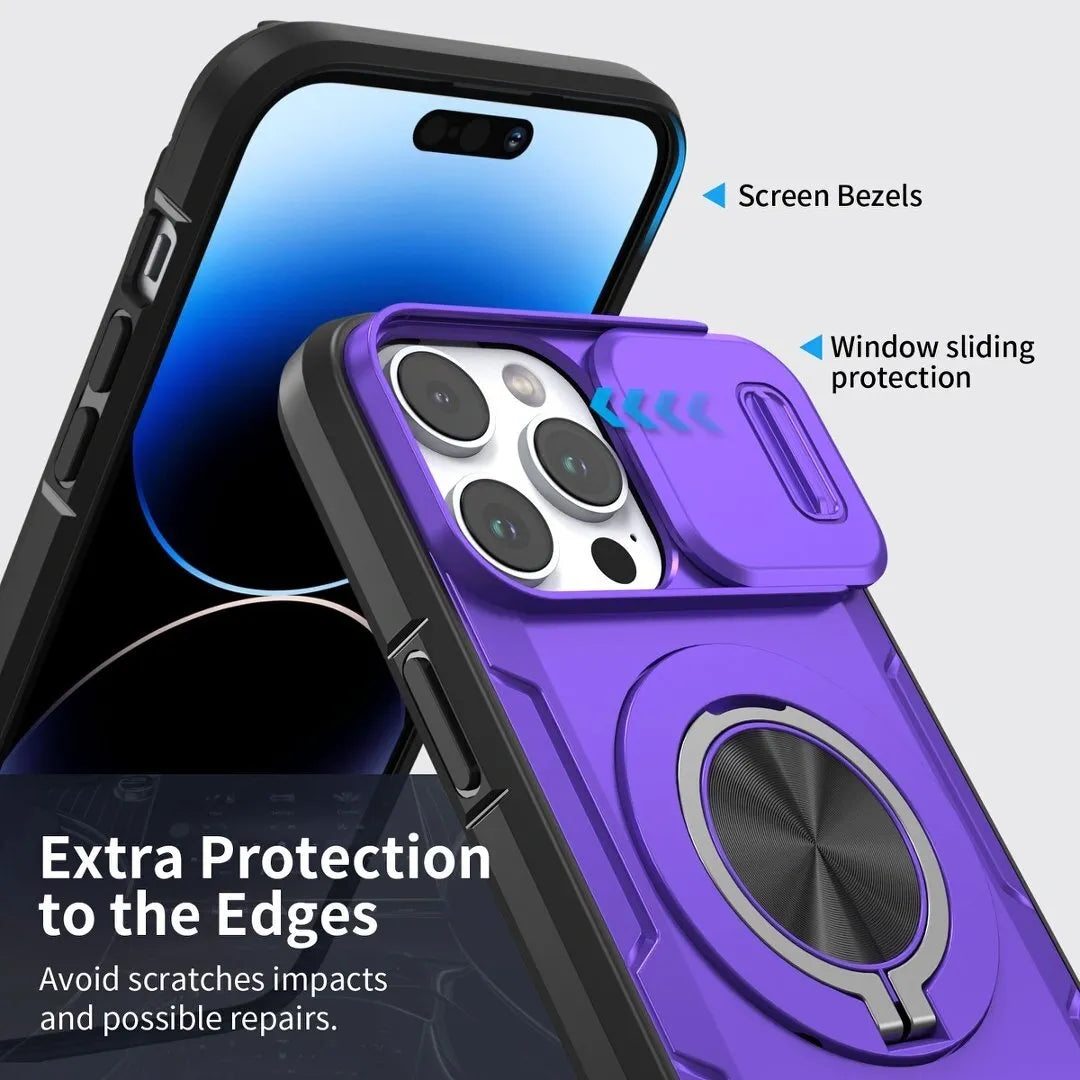 Red Warrior 2-in-1 Magnetic Sliding Lens Case Purple for iPhone 14 Pro