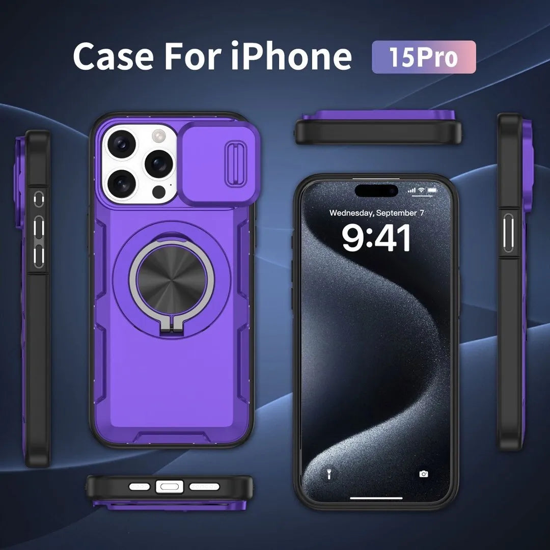 Red Warrior 2-in-1 Magnetic Sliding Lens Case Purple for iPhone 15 Pro