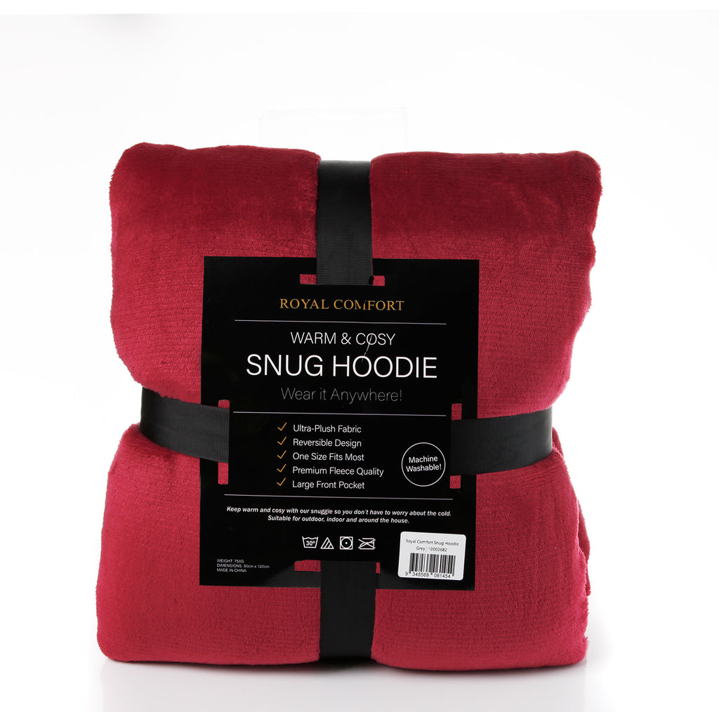 Royal Comfort Snug Hoodie Nightwear Super Soft Reversible Coral Fleece 750GSM - Red